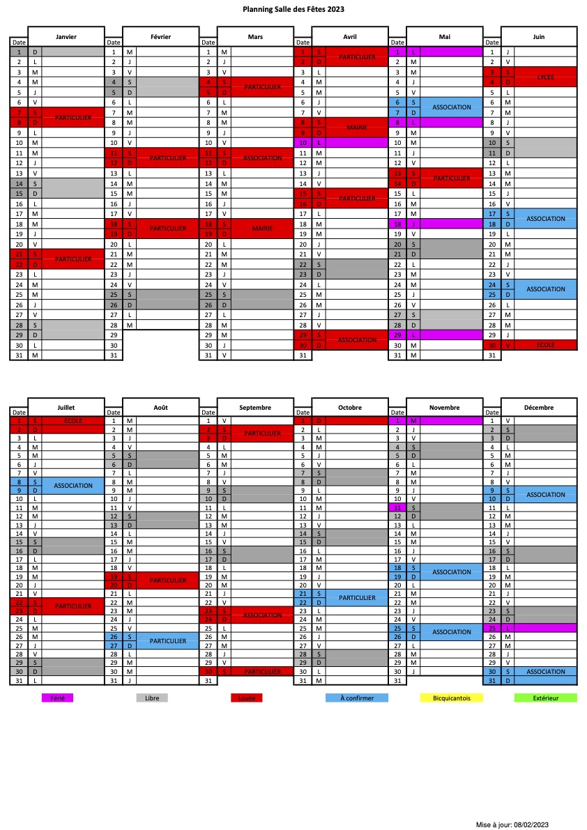 Salle des Fêtes Planning 2023 au 08 02 2023 Bicqueley
